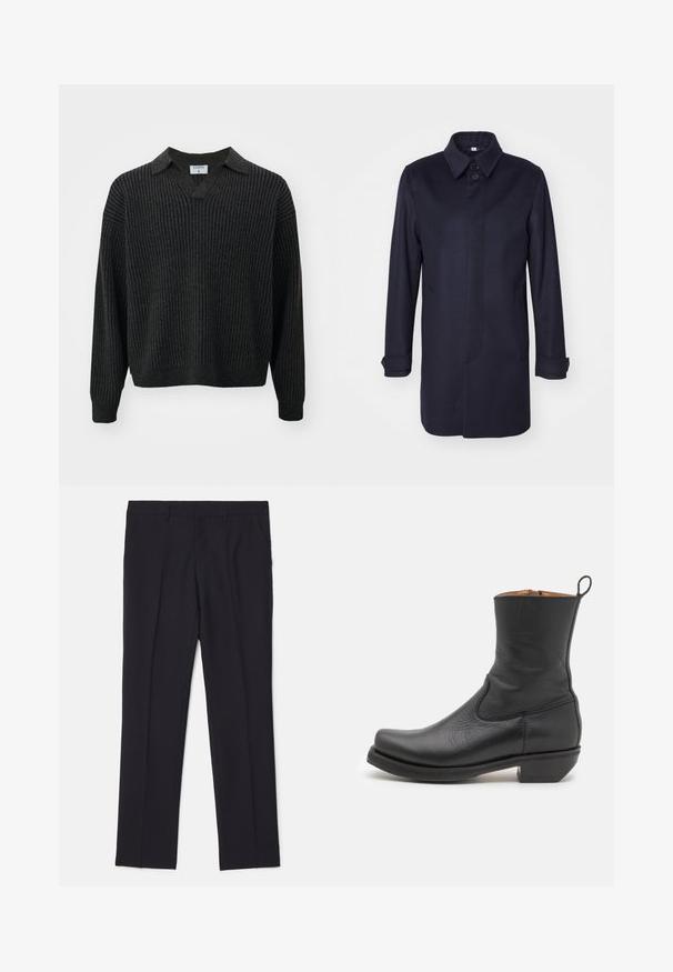 Navyblauer Wollmantel mit spitzem Kragen, einer Knopfschließe und zwei Fronttaschen. Er verfügt über lange Ärmel mit knöpfbaren Manschetten und eine gerade Silhouette.; Filippa K Strickpullover - mocha/navy; Schwarze maßgeschneiderte Hose aus glattem Stoff, mit zwei Seitentaschen, geradem Bein und ohne sichtbare Muster oder Akzente.; Schwarze Leder-Stiefelette mit glatter Oberfläche, schlankem Profil, seitlicher Naht und niedrigem, quadratischen Absatz. Verfügt über eine Zuglasche an der Rückseite.