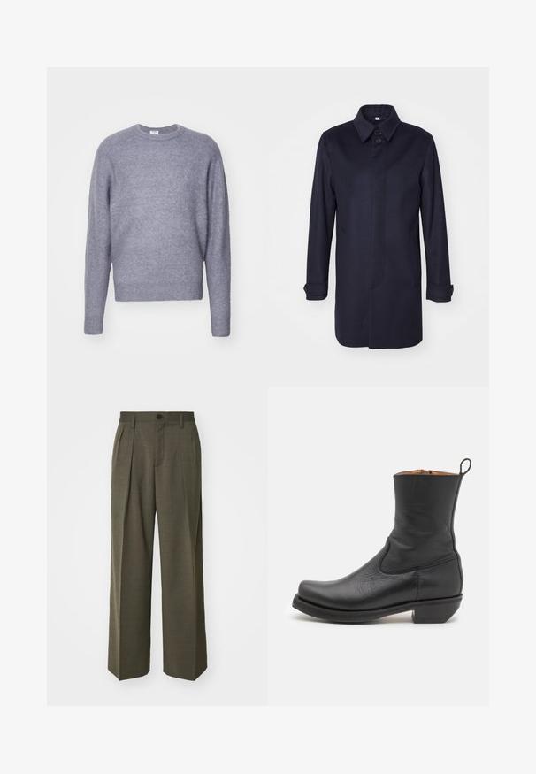 Navyblauer Wollmantel mit spitzem Kragen, einer Knopfschließe und zwei Fronttaschen. Er verfügt über lange Ärmel mit knöpfbaren Manschetten und eine gerade Silhouette.; Helles graues Strickpullover mit Rundhalsausschnitt und langen Ärmeln. Weiche Textur und einen leicht verkürzten Schnitt. Keine sichtbaren Muster oder Hardware.; Filippa K WIDE TROUSERS - Stoffhose - driftwood; Schwarze Leder-Stiefelette mit glatter Oberfläche, schlankem Profil, seitlicher Naht und niedrigem, quadratischen Absatz. Verfügt über eine Zuglasche an der Rückseite.