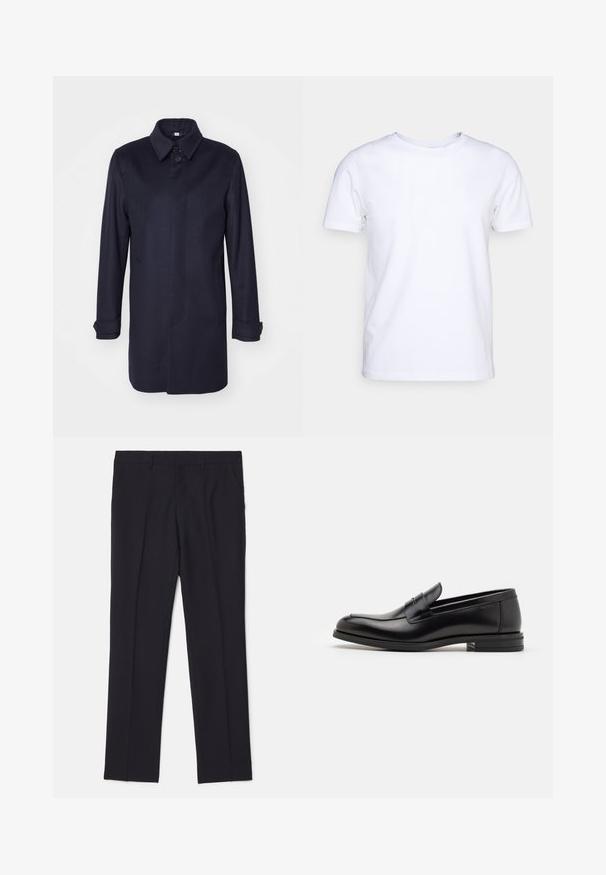 Navy blue wool coat with a pointed collar, single button closure, and two front pockets. Features long sleeves with buttoned cuffs and a straight silhouette.; White short-sleeve t-shirt in cotton fabric with a round neckline. Simple design with no patterns or accents. Smooth texture.; Black tailored trousers made of smooth fabric, featuring two side pockets, a straight leg design, and no visible patterns or accents.; Black leather loafers with a smooth texture, rounded toe, and a decorative strap across the vamp. Low stacked heel, minimalist design.