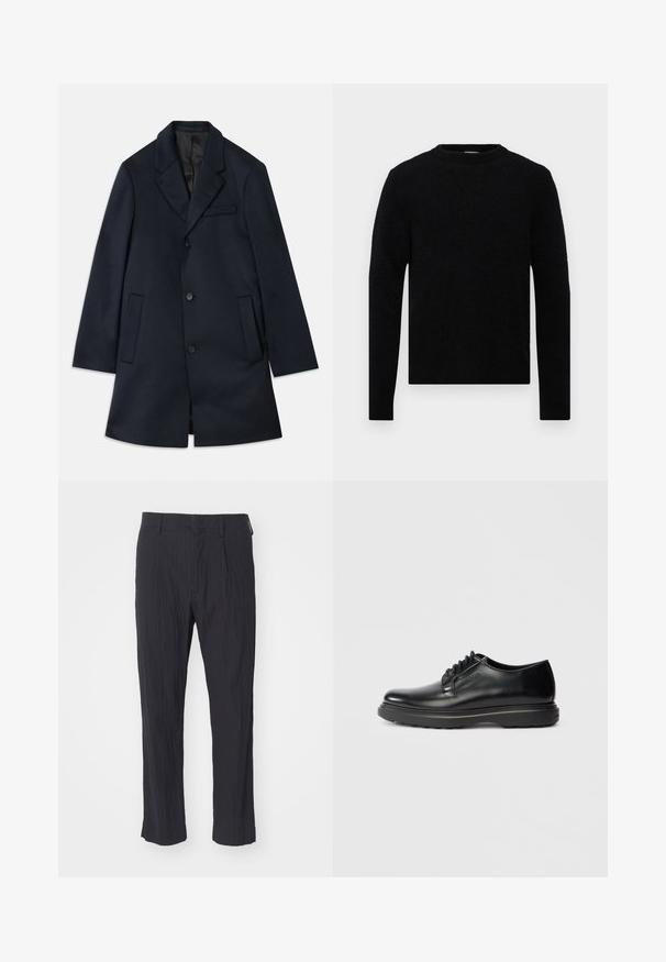 Navy wool-blend coat with a notched lapel, three button closures, two large front pockets, and a subtle chest pocket detail. Smooth texture.; Filippa K SWEATER - Jumper - black; Black pleated trousers with a textured fabric, featuring a straight leg design and standard waistband. No visible pockets or hardware.; Black leather lace-up Oxford shoe with thick sole and "WATERMAN" embossed on side, shown in profile on light gray background.