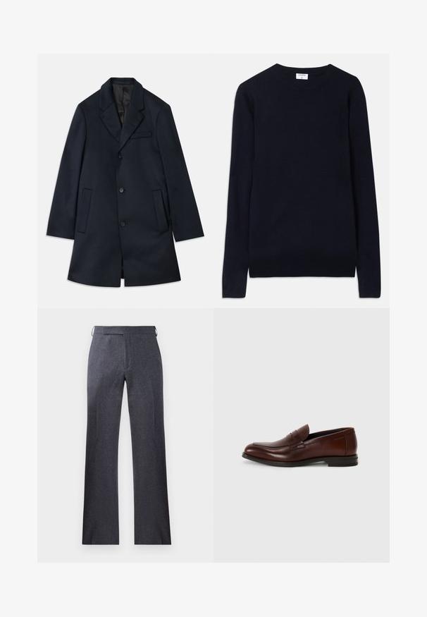 Cappotto in misto lana blu navy con rever a punta, chiusura a tre bottoni, due ampie tasche frontali e un discreto dettaglio della tasca sul petto. Tessuto liscio.; Maglione girocollo blu navy realizzato in morbido tessuto, con maniche lunghe e dettagli a coste sul colletto e sull'orlo. Design pulito e minimalista.; T-shirt bianco in cotone con vestibilità rilassata, con maniche corte e logo nero "MICHAEL KORS" stampato al centro.; Pantaloni grigi su misura realizzati in un tessuto testurizzato, con una vestibilità dritta, piega sottile e passanti laterali per l'attacco della cintura.; Mocassini in pelle marrone con punta arrotondata, dettagli in fascia frontale e tacco basso impilato. Texture liscia con pochi decorazioni.