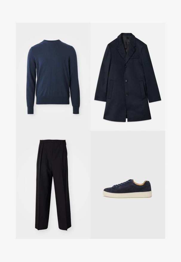 Mornarski plašč iz volnene mešanice z izrezanimi reverji, tremi gumbi za zapiranje, dvema velikima sprednjima žepoma in diskretno podrobnostjo na prsnem žepu. Gladka tekstura.; Mornarsko modra dolg rokav pulover z okroglim izrezom in rebrastim robom ter manšetami, prikazan na beli podlagi.; Črne nabirane hlače s ravnim, širokim krojem. Narejene so iz gladkega materiala in imajo zadrgo ter pasne zanke.; Morske suede nizke tenisice z zaobljenim nosom, off-white gumijastim podplatom in usklajenimi vezalkami; imajo kontrastno rjavo notranje podložitev.