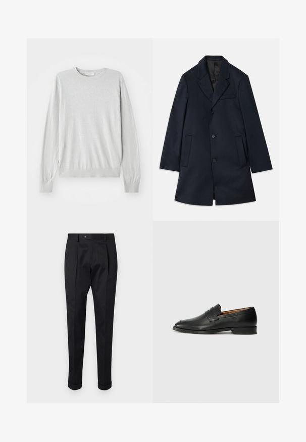 Granatowy płaszcz z wełny z domieszką, z klapami z wycięciem, trzema zapięciami na guziki, dwoma dużymi kieszeniami z przodu oraz subtelnym detalem kieszeni na piersi. Gładka tekstura.; Jasnoszary dziany sweter z długimi rękawami, okrągłym dekoltem oraz prążkowanymi mankietami i dołem. Wykonany z miękkiego, gładkiego materiału.; Czarne spodnie wykonane z gładkiego materiału, z zakładką z przodu, zapięciem na guzik i podwiniętymi mankietami na kostkach.; Czarne skórzane mokasyny z zaokrąglonym noskiem, subtelnymi przeszyciami i niskim obcasem, charakteryzujące się gładką teksturą i minimalistycznym designem.