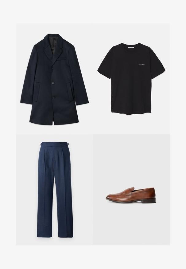 Navy wool-blend coat with a notched lapel, three button closures, two large front pockets, and a subtle chest pocket detail. Smooth texture.; Black cotton T-shirt with a crew neck, short sleeves, and a white logo print on the left chest. Simple, solid color design.; Navy blue tailored trousers, made from textured fabric, featuring a high waist, pleats, and adjustable side straps for fit.; Brown leather loafers with a rounded toe, minimal stitching, and a low block heel. Features a decorative strap across the vamp.