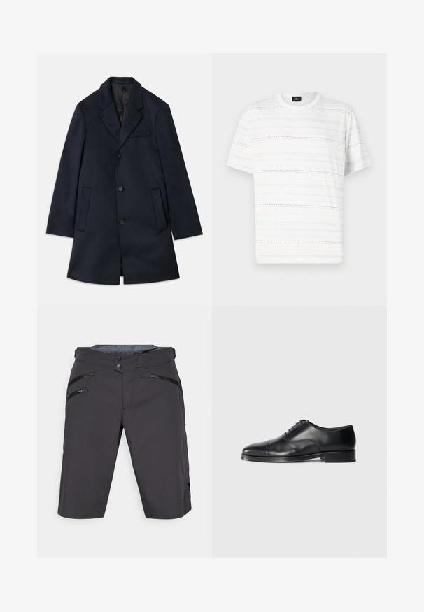 Ναυτικό παλτό από μείγμα μάλλινου υλικού, με καπάκι στις γιακαδες, τρεις κουμπίσεις, δύο μεγάλες μπροστινές τσέπες και μια λεπτομέρεια τσέπης στο στήθος. Λαμπερή υφή.; Λευκό T-shirt με κοντά μανίκια, με οριζόντιες διακεκομμένες γραμμές σε ανοιχτό μπλε, ροζ και μαύρο. Κλασικός σχεδιασμός με στρογγυλή λαιμόκοψη.; Γκρι σορτσάκια με στενή εφαρμογή, φτιαγμένα από ελαφρύ υλικό. Περιλαμβάνουν δύο μπροστινές τσέπες με φερμουάρ και ένα λογότυπο στη χαμηλή αριστερή πλευρά.; Μαύρο δερμάτινο παπούτσι φόρεμα με στρογγυλή μύτη, λεία υφή, σχέδιο με κορδόνια και διακριτική ραφή, διαθέτοντας χαμηλό, επίπεδο τακούνι.
