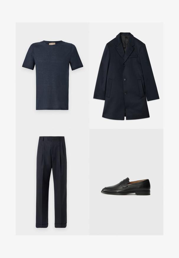 Palton din lână în nuanță de bleumarin, cu rever ascuțit, trei nasturi, două buzunare mari în față și un detaliu subtil la buzunarul de piept. Textură netedă.; Tricou pe gât, cu mânecă scurtă, de culoare albastră marină, dintr-un material ușor și ușor transparent, pe un fundal alb.; Tiger of Sweden TREYTON - Pantaloni - dark ink; Lofer din piele neagră, cu vârf rotund, detalii cusute subtile și toc jos, având o textură netedă și un design minimalist.