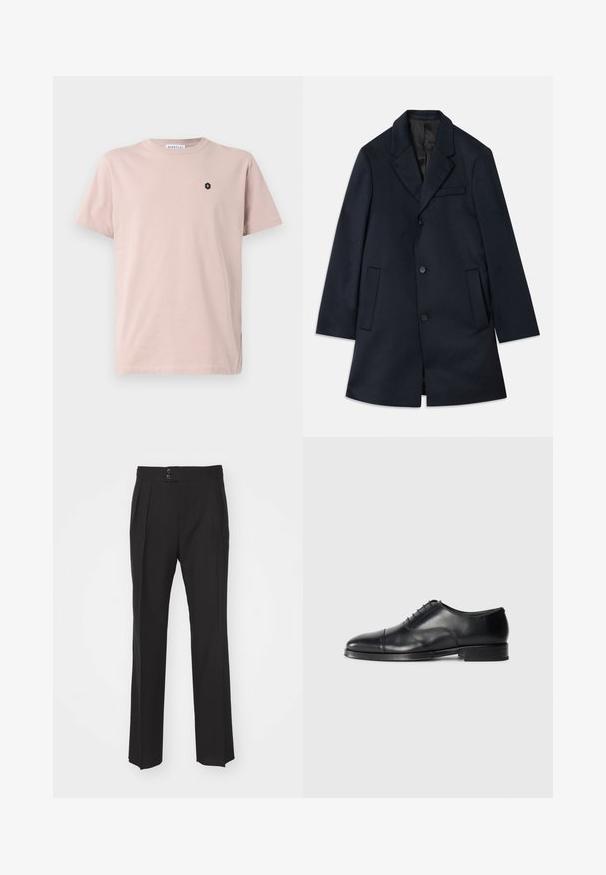 Marineblauwe wollenblendjas met een geknipte revers, drie knoopsluitingen, twee grote voorzakken en een subtiele borstzakdetail. Soepele textuur.; Lichtroze T-shirt met korte mouwen, gemaakt van zacht materiaal. Voorzien van een klein zwart hexagonaal logo op de linkerborst. Rechte snit.; Zwarte op maat gemaakte broek met een recht model, twee voorzakken en een dubbele knoopsluiting bij de taille. Glad textuur van de stof.; Zwarte leren dresschoenen met een ronde neus, een gladde textuur, vetersluiting en een subtiele naaddetail, met een lage, platte hak.