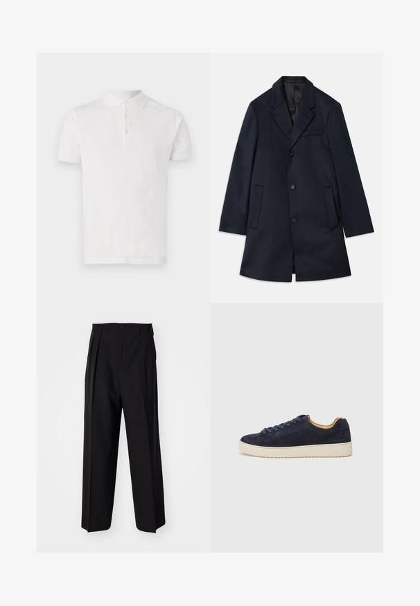 Cappotto in misto lana blu navy con rever a punta, chiusura a tre bottoni, due ampie tasche frontali e un discreto dettaglio della tasca sul petto. Tessuto liscio.; Polo bianca a maniche corte realizzata in cotone, con colletto classico e chiusura a tre bottoni. Texture liscia, vestibilità standard.; Pantaloni neri a pieghe con un design dritto e gamba larga. Realizzati in tessuto morbido, con chiusura a bottone e passanti per cintura.; Sneaker bassa in suede blu navy con punta tondeggiante, suola in gomma bianca sporca e lacci abbinati; presenta un rivestimento interno a contrasto in tonalità tan.