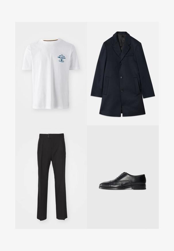 Navy wool-blend coat with a notched lapel, three button closures, two large front pockets, and a subtle chest pocket detail. Smooth texture.; White cotton t-shirt with short sleeves, featuring a blue printed logo on the front. Round neckline with a contrasting inner trim.; Black tailored trousers featuring a straight leg design, two front pockets, and a double-button closure at the waistband. Smooth fabric texture.; Black leather dress shoe with a rounded toe, smooth texture, lace-up design, and a subtle seam detail, featuring a low, flat heel.