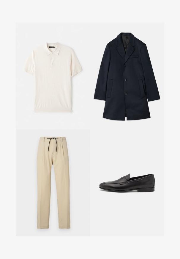 Cappotto in misto lana blu navy con rever a punta, chiusura a tre bottoni, due ampie tasche frontali e un discreto dettaglio della tasca sul petto. Tessuto liscio.; Polo beige chiaro con colletto classico, pattina con tre bottoni e maniche corte. Realizzato in tessuto morbido e liscio. Design semplice senza motivi.; Pantaloni beige con una vestibilità dritta, dotati di una vita con cordoncino, frontale plissettato e texture liscia. Design semplice e versatile.; Mocassino da uomo in pelle nera con tacco basso e design classico a striscia, mostrato in profilo laterale su sfondo bianco.