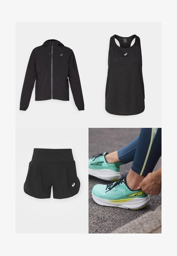 Veste légère noire, fermeture éclair à l'avant, design avec capuche, poignets élastiques, poches latérales, avec un petit logo sur la zone gauche de la poitrine.; Débardeur de sport noir en tissu léger. Présente un col rond, un design dos nageur et un petit logo blanc à l'avant.; Shorts de sport noirs avec une large ceinture, un design plissé et un petit logo blanc accentué sur le bas à gauche. Matière douce et légère.; Altra EXPERIENCE FLOW - Chaussures de running sur route - mint