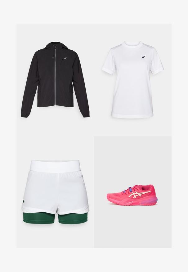 Jachetă ușoară neagră, cu fermoar frontal, design cu glugă, manșete elastice, buzunare laterale, având un logo mic în zona pieptului stâng.; ASICS COURT TOP - Bluză sport - brilliant white; Şorturi albe cu un brâu cu fanușuri, având un strat interior verde și accente pliate la tiv. Logo-ul Lacoste pe partea stângă.; Pantofii sport în roz vibrant, cu textură din plasă, design minimalistic, accente albe și șireturi albastre. Talpă curbată cu formă aerodinamică.