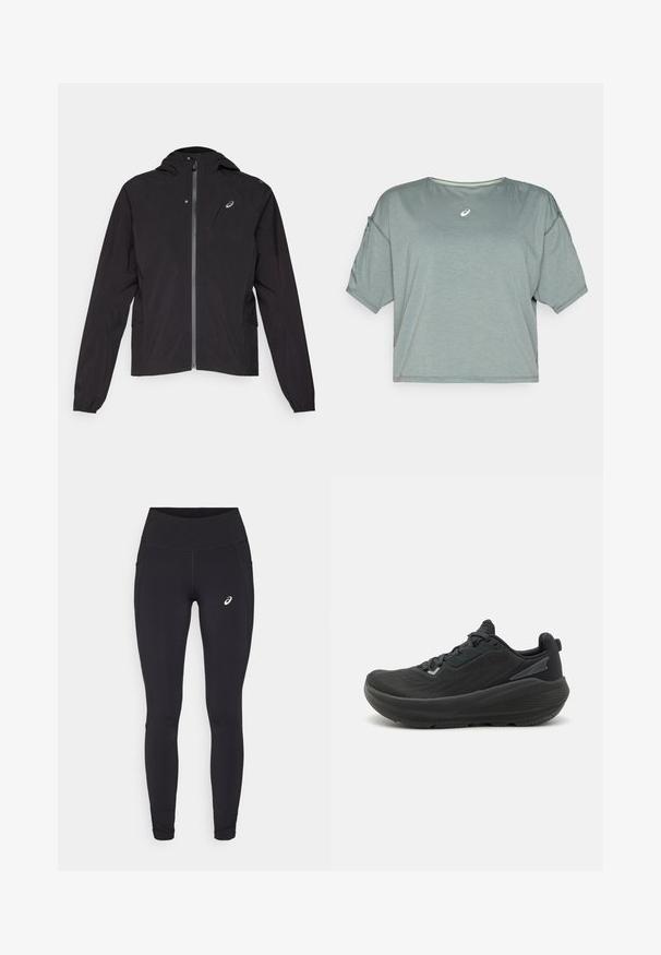 Black lightweight jacket, zippered front, hooded design, elastic cuffs, side pockets, featuring a small logo on the left chest area.; ASICS NAGINO RUN TOP - Sports T-shirt - monument blue; ASICS NAGINO RUN - Running tights - performance black; Black athletic shoe featuring a streamlined design, textured upper with mesh accents, and a cushioned sole for support.