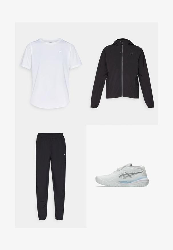 Black lightweight jacket, zippered front, hooded design, elastic cuffs, side pockets, featuring a small logo on the left chest area.; White athletic t-shirt, short sleeves, crew neck, made of moisture-wicking fabric, featuring a small logo on the chest, lightweight texture.; Black sports pants featuring an elastic waistband, tapered legs with cuffs, made of a lightweight, smooth material, and a small logo on the thigh.; White athletic shoes with a textured upper, featuring a translucent blue sole and subtle gray branding on the side. Rounded toe and low profile.