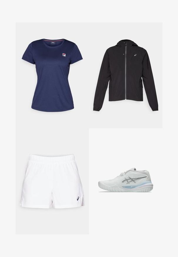 Czarna lekka kurtka, zapinana na zamek, z kapturem, elastycznymi mankietami, kieszeniami bocznymi, z małym logo na lewej części klatki piersiowej.; Granatowa koszulka z krótkim rękawem wykonana z gładkiego materiału, z małym logo Fila po lewej stronie klatki piersiowej. Okrągły dekolt i klasyczny krój.; Białe sportowe szorty z elastycznym pasem, bocznymi szwami i małym czarnym logo w dolnym prawym rogu. Wykonane z lekkiego materiału.; Białe buty sportowe z teksturowaną cholewką, z przezroczystą niebieską podeszwą i subtelnym szarym brandingiem po boku. Okrągły nos i niska sylwetka.