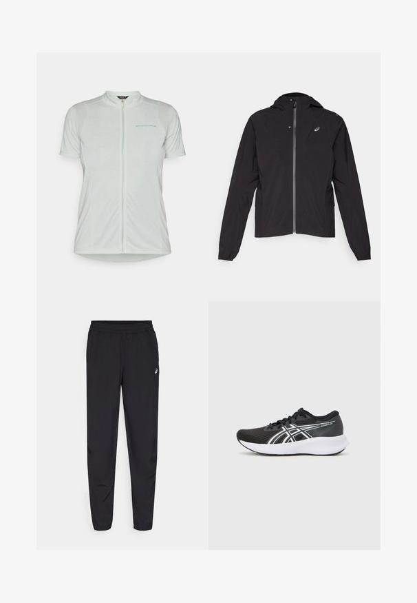 Črna lahka jakna, z zadrgo na sprednji strani, s kapuco, elastičnimi manšeti, stranskimi žepi in majhnim logotipom na levem prsnem predelu.; Kratka kolesarska majica s kratkimi rokavi iz svetlo sive tkanine, ki ima sprednji zadrgo, zračne mrežaste panele in modri logotip "ENDURA" na levi strani.; Črne športne hlače z elastičnim pasom, zoženimi nogavicami z manšetami, izdelane iz lahkotnega, gladkega materiala, z majhnim logotipom na stegnu.; Črne športne čevlje z teksturiranim mrežastim zgornjim delom, belimi poudarki in oblazinjeno belim podplatom. Imajo logo na strani in vezalke.