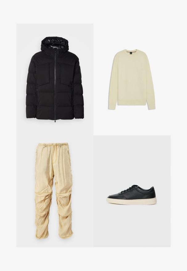 Zwarte donsjack gemaakt van glad nylon, met een ritssluiting aan de voorkant, grote borstzakken en een capuchon. Gevoerd voor isolatie en comfort.; Lichtbeige trui met een gestructureerd wafelbreisel, ronde hals en ribgebreide manchetten en zoom. Eenvoudige, moderne vorm zonder verdere accenten.; Lichtbeige nylon cargobroek met verstelbare trekkoorden in de taille en ritszakken, ontworpen met geplooide, gelaagde stofdetails.; Zwarte leren sneaker met lage schacht, zwarte veters en off-white zool, weergegeven in zijprofiel op een witte achtergrond.