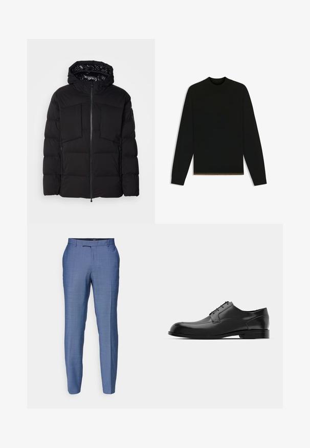 Black puffer jacket made of smooth nylon, featuring a front zipper, large chest pockets, and a hood. Padded for insulation and comfort.; Black knit sweater with long sleeves and a high neck. Features a gold accent at the hem. Smooth texture and fitted design.; Light blue tailored trousers with a textured fabric. Features a flat front, narrow legs, and a zip fly with a hook closure.; Black leather dress shoe featuring a rounded toe, smooth texture, minimal seams, and a flat sole with subtle branding on the heel.
