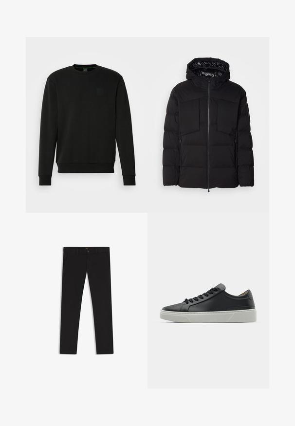 Svart pufferjacka i slät nylon, med framdragkedja, stora bröstfickor och huva. Vadderad för isolering och komfort.; Svart sweatshirt av mjukt material med rund hals, långa ärmar och en fyrkantig logotyp-patch på bröstet. Den har ribbade muddar och fåll.; Svarta byxor gjorda av tyg med en slät textur. Har en knäppning med knapp, bälteshällor och sidofickor. Standard rakt ben-design.; Svart lädersneaker med en slät yta, rund tå och svarta skosnören. Har en tjock, vit gummisula med subtila geometriska accenter.