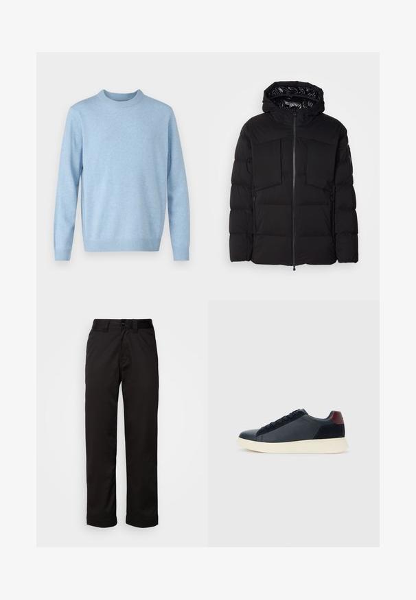 Melnā pūkainā jaka, kas izgatavota no gluda neilona, ar priekšējo rāvējslēdzēju, lielām krūšu kabatām un kapuci. Iepildīta siltumizolācijai un komfortam.; Samsøe Samsøe ISAK SWEATER - Džemperis - blue; Melnas bikses, izgatavotas no gluda auduma, ar rāvējslēdzēju, pogu aizdari un sarullētām piedurknēm ikdienejai apģērbam.; Zemāko vīriešu sporta apavu modelis melnā ādas un zamša apdarē ar bordo krāsas papēža cilpu un baltu gumijas zoli, skatoties no ārējās puses.