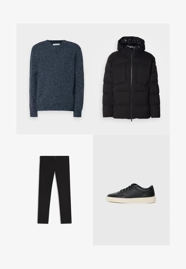 Schwarze Steppjacke aus glattem Nylon, mit einem Frontreißverschluss, großen Brusttaschen und einer Kapuze. Gepolstert für Wärme und Komfort.; Dunkelblauer Strickpullover mit V-Ausschnitt, langen Ärmeln und strukturiertem Finish. Hat eine lockere Passform sowie gerippte Bündchen und Saum.; Schwarze Hosen aus einem Stoff mit glatter текстуре. Verfügt über einen Knopfverschluss, Gürtelschlaufen und Seitentaschen. Klassisches Design mit geradem Bein.; Schwarzer niedriger Ledersneaker mit schwarzen Schnürsenkeln und cremefarbenem Sohlenrand, seitlich auf weißem Hintergrund dargestellt.