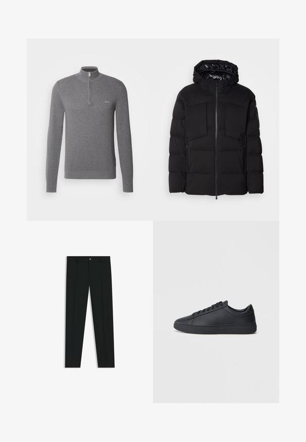 Schwarze Steppjacke aus glattem Nylon, mit einem Frontreißverschluss, großen Brusttaschen und einer Kapuze. Gepolstert für Wärme und Komfort.; Grauer Langarmpullover mit Halbreißverschluss-Kragen, strukturiertem Strickmuster und kleinem Logo auf der linken Brust.; Schwarze Anzughosen mit geradem Bein, aus glattem Stoff. Mit Knopfverschluss vorne und Gürtelschlaufen. Schlicht ohne Muster.; Schwarze Sneaker aus glattem Leder mit einem tiefen Design, runder Zehenform und flacher Gummi-Sohle. Mit Schnürsenkeln und dezentem Branding.