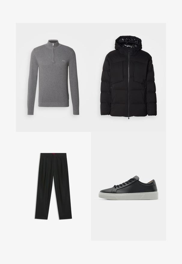 Black puffer jacket made of smooth nylon, featuring a front zipper, large chest pockets, and a hood. Padded for insulation and comfort.; Gray long-sleeve pullover sweater with a half-zip collar, textured knit pattern, and a small logo on the left chest.; Black trousers with a pleated design, wide leg shape, and a smooth texture. Features a red waistband tag.; Black leather sneaker with a smooth texture, round toe, and black laces. Features a thick, white rubber sole with subtle geometric accents.