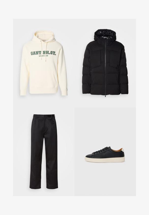 Čierna puffa bunda vyrobená z hladkého nylonu, s predným zipsom, veľkými vreckami na hrudi a kapucňou. Podšitá pre izolačné vlastnosti a pohodlie.; Krémová mikina s kapucňou, s klokankou, zaväzovaním na kapucni a zeleným potlačou "GANT NH. CT." a "SPORTS CLUB" na prednej strane.; Čierne nohavice vyrobené z hladkej látky, s predným zapínaním na gombík, s plisovaním a rovnými nohavicami. Žiadne viditeľné vzory ani akcenty.; Čierne kožené tenisky s hladkou textúrou, béžová gumová podrážka, viazanie a kontrastný akcent na päte.