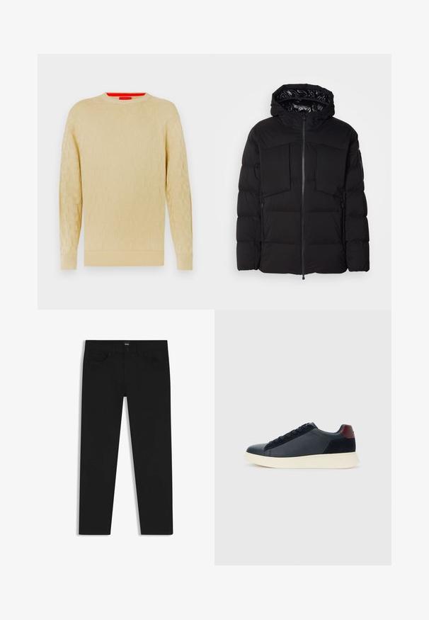 Musta puhallettu takki, joka on valmistettu sileästä nailonista. Siinä on edessä vetoketju, suuret rintataskut ja huppu. Vuorattu eristystä ja mukavuutta varten.; Kreemi värvi kampsun, millel on tekstureeritud disain, ümmargune kaelus ja soonikkoes varrukapealselt. Omab kogu ulatuses peent logo mustrit.; Musta farkkutakki suoran leikkauksen kanssa, varustettuna tavallisella vyötäröllä, viidellä taskulla ja nappisulkimella. Yhtenäinen sileä pinta.; Miestne bežecké tenisky s nízkym strihom v čiernej koži a semišovej úprave s bordovým jazykom a bielou gumovou podrážkou, pohľad z vonkajšej strany.