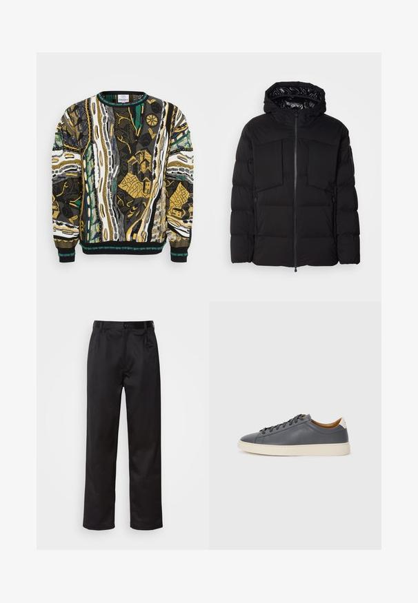 Schwarze Steppjacke aus glattem Nylon, mit einem Frontreißverschluss, großen Brusttaschen und einer Kapuze. Gepolstert für Wärme und Komfort.; Strickpullover mit lebhaften abstrakten Mustern in Schwarz, Weiß, Gelb und Grün. Ein Rundhalsausschnitt und gerippte Ärmelbündchen vervollständigen das Design.; Schwarze Hosen aus glattem Stoff, mit einem Knopfverschluss vorne, Falten und geraden Beinen. Keine sichtbaren Muster oder Akzente.; Graue Lederturnschuhe mit runder Zehenpartie, Gummisohle, flachen Schnürsenkeln und hellen Akzenten an der Ferse. Glatte Textur und minimalistisches Design.