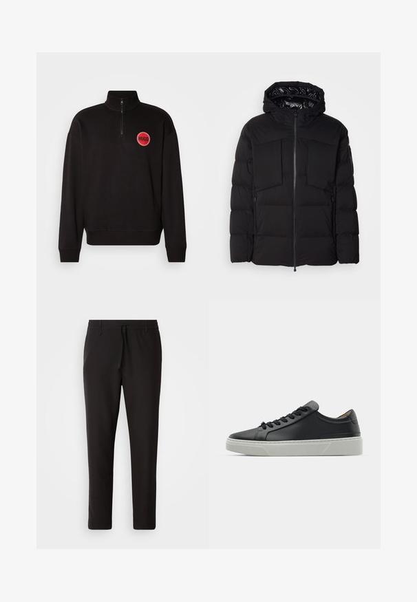 Black puffer jacket made of smooth nylon, featuring a front zipper, large chest pockets, and a hood. Padded for insulation and comfort.; Black quarter-zip sweatshirt with ribbed cuffs and hem. Features a red circular logo with "HUGO" text. Made from smooth, lightweight fabric.; Black jogger pants made of smooth fabric. Feature an elastic waistband with a drawstring, tapered legs, and no visible pockets. Simple design.; Black leather sneaker with a smooth texture, round toe, and black laces. Features a thick, white rubber sole with subtle geometric accents.