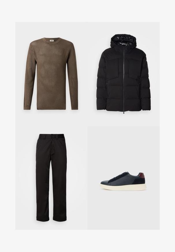 Doudoune noire en nylon lisse, dotée d'une fermeture éclair sur le devant, de grandes poches poitrine et d'une capuche. Rembourrée pour une isolation et un confort optimal.; Pull en tricot marron à manches longues avec un motif structuré et ajouré. L'encolure ronde et les poignets côtelés complètent le design.; Pantalons noirs en tissu lisse, avec une fermeture éclair, un bouton et des revers pour un design décontracté.; Baskets basses pour hommes en cuir noir et daim avec un tirant de talon bordeaux et une semelle en caoutchouc blanche, vues depuis le côté extérieur.