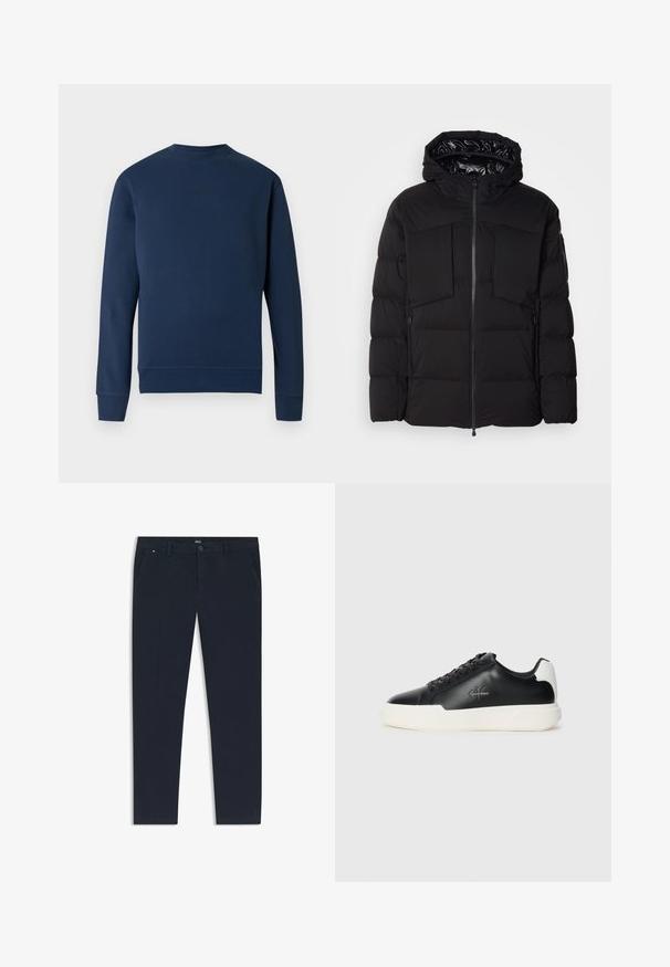 Giubbotto imbottito nero realizzato in nylon liscio, con zip frontale, grandi tasche sul petto e cappuccio. Imbottito per isolamento e comfort.; Felpa blu navy con collo rotondo, polsini costinati e orlo. Presenta un logo discreto sul petto dello stesso colore. Tessuto dalla texture liscia.; Pantaloni blu navy realizzati in tessuto leggero, con un design a gamba dritta, tasche laterali e chiusura frontale con bottone e dettaglio del marchio.; Sneakers in pelle nera con suola in gomma bianca. Presentano punta rotonda, design con lacci e dettaglio del logo sul lato. Accento posteriore in bianco.