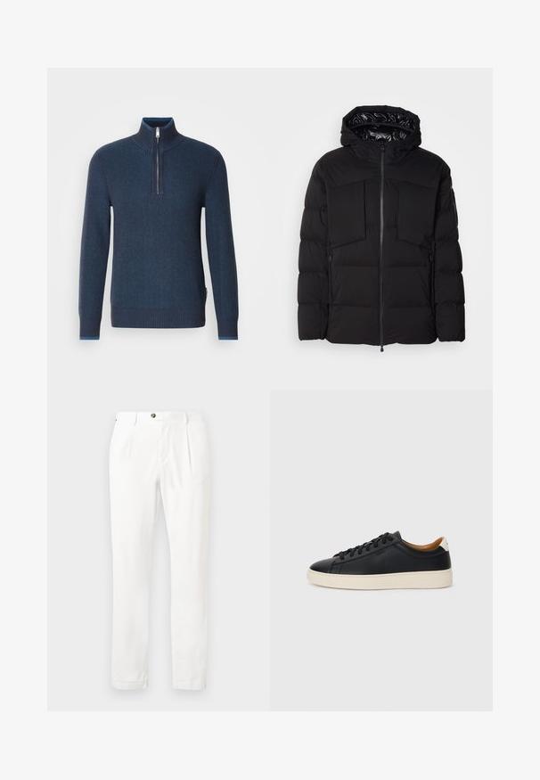 Schwarze Steppjacke aus glattem Nylon, mit einem Frontreißverschluss, großen Brusttaschen und einer Kapuze. Gepolstert für Wärme und Komfort.; Navyblauer Zip-Kragenpullover. Gerippte Textur, lange Ärmel, enganliegende Bündchen und ein kontrastierender Innenkragen. Hergestellt aus einem weichen, warmen Stoff.; Weiße Hose mit flachem Frontdesign, zwei Falten und Knopfverschluss. Hergestellt aus leichtem Stoff, mit geraden Beinen und aufgerolltem Saum.; Schwarze Ledersneaker mit glatter Textur, beiger Gummisohle, Schnürdesign und einem kontrastierenden Fersenakzent.