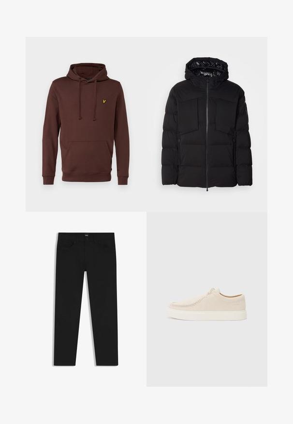 Zwarte donsjack gemaakt van glad nylon, met een ritssluiting aan de voorkant, grote borstzakken en een capuchon. Gevoerd voor isolatie en comfort.; Lyle & Scott Sweater - deep mahogany; Zwarte denim broek met een rechte snit, voorzien van een standaard tailleband, vijf zakken en een knoopsluiting. Gladde textuur overal.; Lichtbeige suede sneaker met een ronde neus, minimale stiksels en een witte rubberen zool. Beschikt over een eenvoudige veter-sluiting en een merkteken.