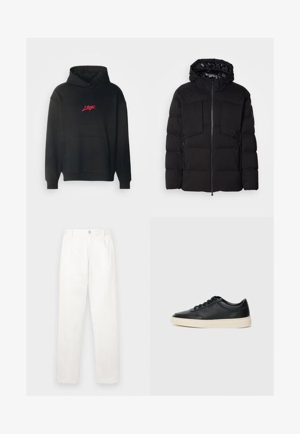 Chaqueta acolchada negra hecha de nailon suave, con cremallera frontal, grandes bolsillos en el pecho y capucha. Acolchada para aislamiento y comodidad.; HUGO Sudadera - black; Pantalones blancos hechos de una tela suave, con un diseño de pierna recta, pliegues en la parte frontal y un cierre de botón en la cintura.; Zapatilla negra de piel de caña baja con cordones negros y suela color crema, mostrada en perfil lateral sobre fondo blanco.