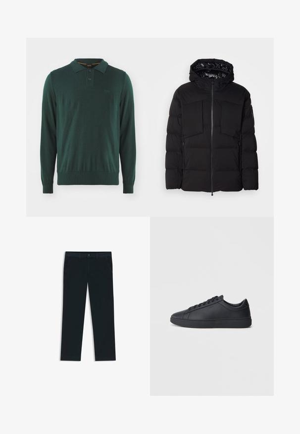 Schwarze Steppjacke aus glattem Nylon, mit einem Frontreißverschluss, großen Brusttaschen und einer Kapuze. Gepolstert für Wärme und Komfort.; Grüner Langarm-Polo-Pullover mit einer Knopfleiste mit zwei Knöpfen, gerippten Bündchen und Saum, versehen mit einem dezenten Logo auf der Brust.; Dunkelblaue Chinos aus einer Baumwollmischung. Merkmale sind Gürtelschlaufen, Vordertaschen und ein Reißverschluss mit Knopfverschluss.; Schwarze Sneaker aus glattem Leder mit einem tiefen Design, runder Zehenform und flacher Gummi-Sohle. Mit Schnürsenkeln und dezentem Branding.