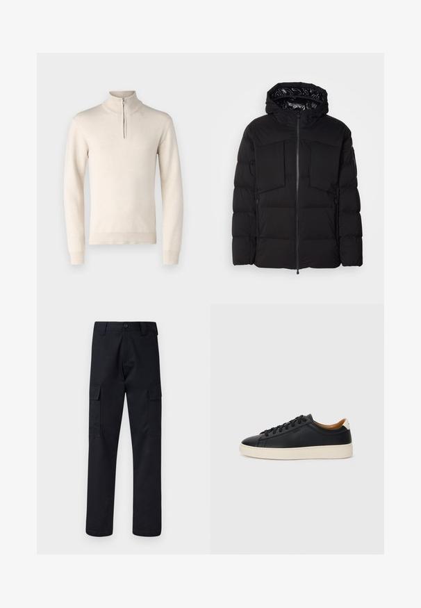 Geacă puffer neagră din nylon neted, cu fermoar frontal, buzunare mari pe piept și glugă. Căptușită pentru izolație și confort.; Bruuns Bazaar SIMONBBNOVEL KNIT - Pulover - kit; Pantaloni cargo negri, fabricați dintr-un material rezistent, cu un croi dre apt, două buzunare laterale și o închidere cu button la talie.; Căști din piele neagră cu o textură netedă, talpă din cauciuc bej, design cu șireturi și un accent contrastant la călcâi.