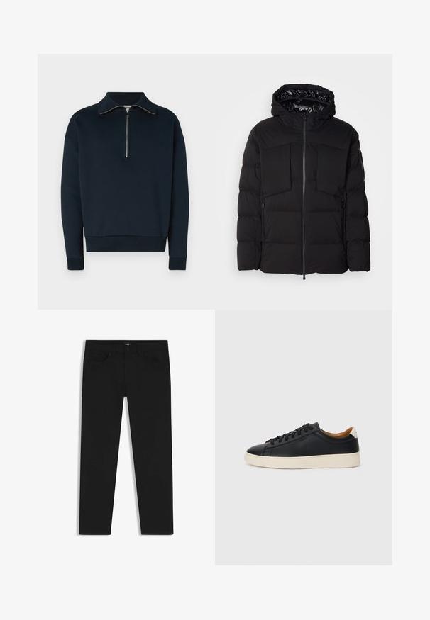 Chaqueta acolchada negra hecha de nailon suave, con cremallera frontal, grandes bolsillos en el pecho y capucha. Acolchada para aislamiento y comodidad.; Suéter de punto azul marino con cuello con cremallera, puños acanalados y dobladillo. Tejido suave con un diseño minimalista y un pequeño logo en el pecho.; Pantalones de mezclilla negros con corte recto, que cuentan con una cinturilla estándar, cinco bolsillos y un cierre de botón. Textura suave en toda su superficie.; Zapatillas negras de cuero con una textura suave, suela de goma beige, diseño de cordones y un acento en el talón de color contrastante.