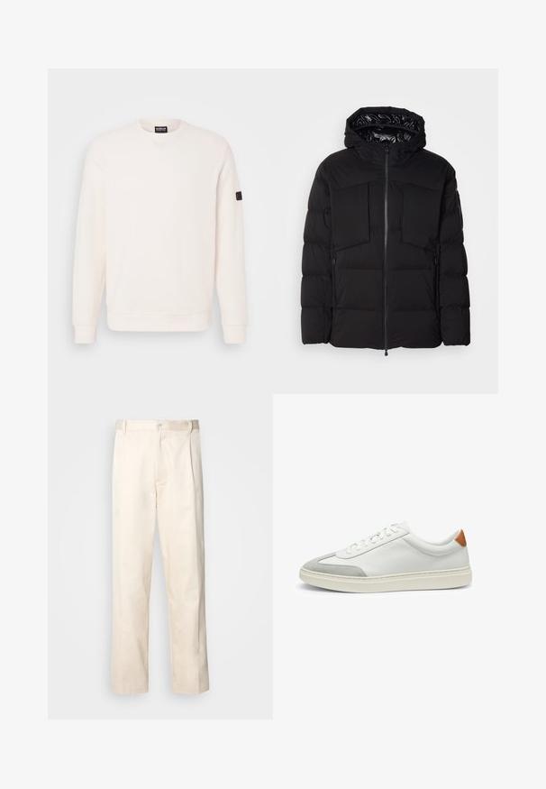 Czarna puchowa kurtka wykonana z gładkiego nylonu, z zapięciem na zamek błyskawiczny z przodu, dużymi kieszeniami na piersi i kapturem. Wypełniona dla lepszej izolacji i komfortu.; Jasna kremowa bluza wykonana z miękkiej mieszanki bawełny, z okrągłym dekoltem, długimi rękawami, ściągaczami na rękawach oraz małą naszywką z logo na lewym rękawie.; Beżowe bawełniane spodnie o prostym kroju nogawki, z zapięciem na guziki i plisami z przodu dla dodatkowego zdobienia.; Białe skórzane tenisówki z szarymi zamszowymi akcentami oraz brązowym skórzanym zapiętkiem. Posiadają teksturowaną powierzchnię i lekką podeszwę.