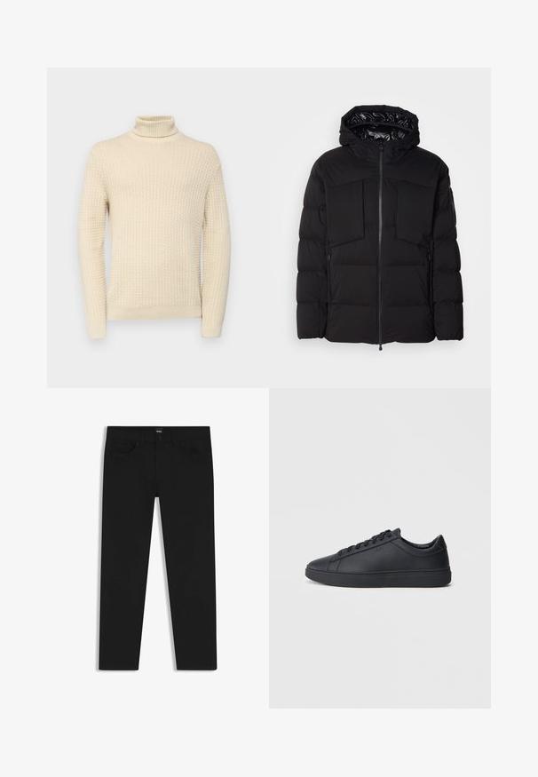 Schwarze Steppjacke aus glattem Nylon, mit einem Frontreißverschluss, großen Brusttaschen und einer Kapuze. Gepolstert für Wärme und Komfort.; Cremfarbener Rollkragenpullover mit strukturiertem Strickmuster, ausgestattet mit langen Ärmeln sowie gerippten Bündchen und Saum.; Schwarze Denim-Hosen mit geradem Schnitt, ausgestattet mit einem Standardbund, fünf Taschen und einem Knopfverschluss. Angenehme, glatte Textur.; Schwarze Sneaker aus glattem Leder mit einem tiefen Design, runder Zehenform und flacher Gummi-Sohle. Mit Schnürsenkeln und dezentem Branding.