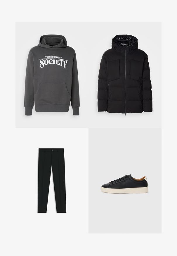 Black puffer jacket made of smooth nylon, featuring a front zipper, large chest pockets, and a hood. Padded for insulation and comfort.; Gray hoodie made of soft material featuring a front pocket, ribbed cuffs, and "World Energy Society" printed in white text on the chest.; Black dress pants with a straight-leg design, made of smooth fabric. Features a front button closure and belt loops. Plain without patterns.; Black leather sneakers with a smooth texture, beige rubber sole, lace-up design, and a contrasting heel accent.