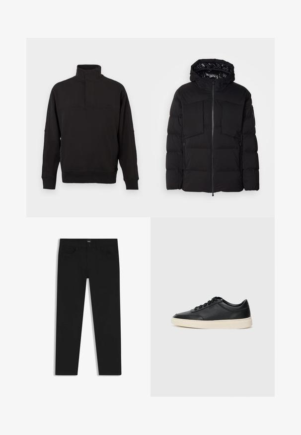 Giubbotto imbottito nero realizzato in nylon liscio, con zip frontale, grandi tasche sul petto e cappuccio. Imbottito per isolamento e comfort.; Felpa nera con collo alto e chiusura a bottone, realizzata in un morbido mix di cotone, con polsini a costine e vestibilità rilassata.; Pantaloni in denim nero con taglio dritto, dotati di vita standard, cinque tasche e chiusura con bottone. Texture liscia su tutta la superficie.; Sneaker in pelle nera a basso profilo con lacci neri e suola avorio, mostrato di profilo su sfondo bianco.