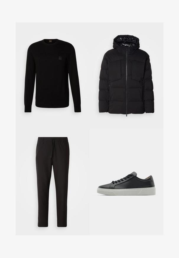 Černá péřová bunda z hladkého nylonu, vybavená předním zipem, velkými náprsními kapsami a kapucí. Polstrovaná pro tepelnou izolaci a pohodlí.; Černý pletený svetr s dlouhými rukávy, kulatým výstřihem a malou texturovanou nášivkou na hrudi. Hladká textura po celém povrchu.; Černé teplákové kalhoty vyrobené z hladké látky. Mají elastický pas se šňůrkou, zúžené nohavice a žádné viditelné kapsy. Jednoduchý design.; Černé kožené tenisky s hladkým povrchem, kulatou špičkou a černými šňůrkami. Disponují silnou bílou gumovou podrážkou s jemnými geometrickými akcenty.