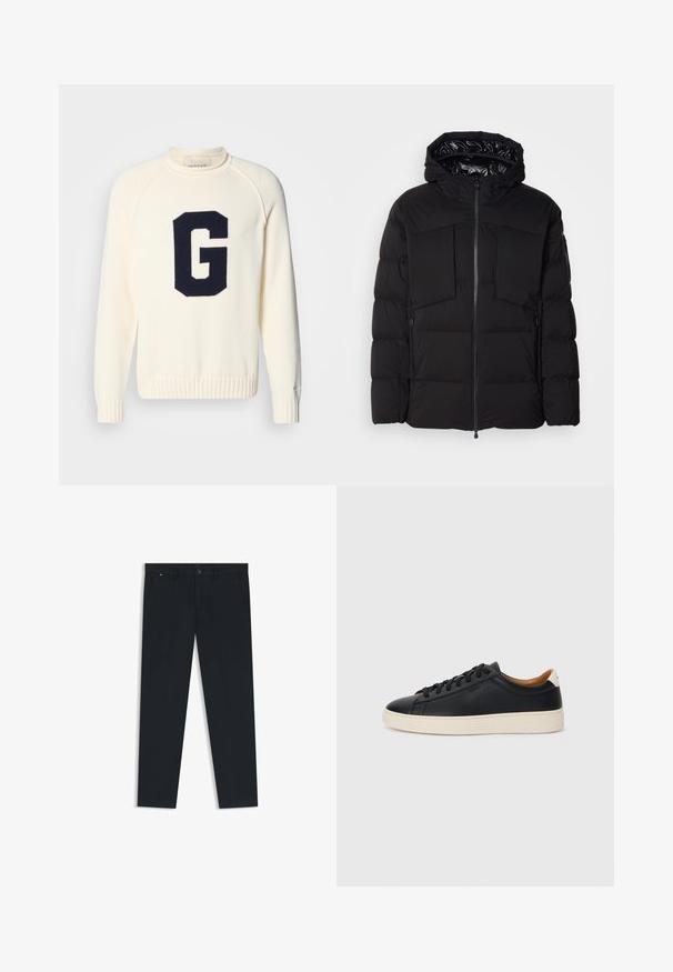 Sort pufferjakke lavet af glat nylon, med en frontlynlås, store brystlommer og hætte. Polstret for isolering og komfort.; Creme sweater lavet af strikket stof med et marineblåt 'G' logo-design. Den har rund hals og ribbede manchetter og kant.; Mænds mørkeblå bukser lavet af letvægtsstof. Har knaplukning, bæltestropper og to sidelommer. Lige ben design.; Sorte lædersneakers med en glat overflade, beige gummisål, snørebåndsdesign og en kontrastfarvet hæl.