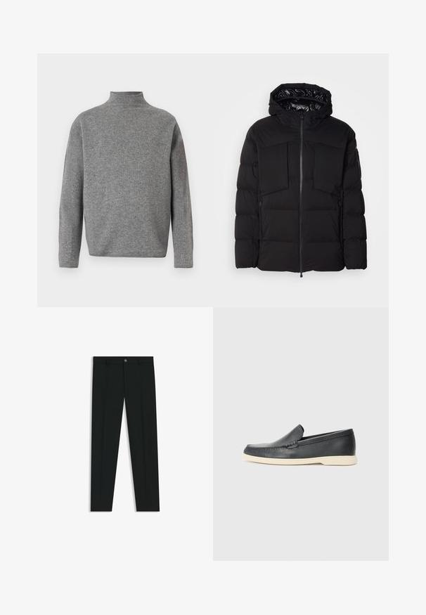 Black puffer jacket made of smooth nylon, featuring a front zipper, large chest pockets, and a hood. Padded for insulation and comfort.; Gray turtleneck sweater with long sleeves, made from a soft knit fabric. Features a boxy shape and ribbed neck detail.; Black dress pants with a straight-leg design, made of smooth fabric. Features a front button closure and belt loops. Plain without patterns.; Black leather slip-on loafers with a textured finish and a contrasting beige rubber sole. Features a subtle accent along the front.