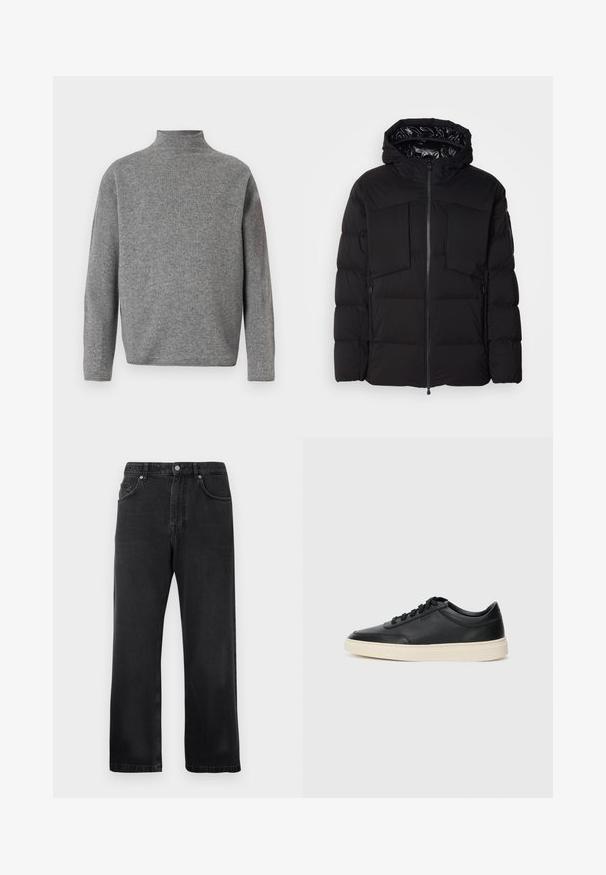 Svart pufferjacka i slät nylon, med framdragkedja, stora bröstfickor och huva. Vadderad för isolering och komfort.; Grå turtleneck-tröja med långa ärmar, tillverkad av ett mjukt stickat material. Har en boxig form och ribbad halsdetalj.; Svarta raka jeans med framfickor, bältesloopar och knappstängning på en vit bakgrund.; Svart låg skor i läder med svarta snören och off-white sula, visas i sidoprofil på vit bakgrund.