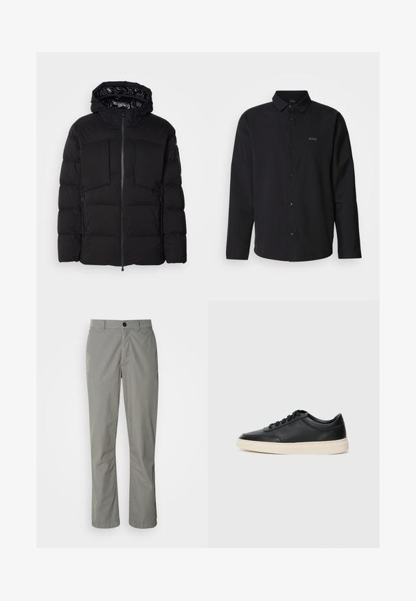 Schwarze Steppjacke aus glattem Nylon, mit einem Frontreißverschluss, großen Brusttaschen und einer Kapuze. Gepolstert für Wärme und Komfort.; Schwarzes Langarmhemd mit Knopfleiste und Kragen; verfügt über dezentes "BOSS"-Logo in passendem Schwarz. Glattes Material mit taillierter Passform.; Hellgraue Hosen aus leichtem Material. Sie verfügen über einen Vorderknopfverschluss, schräge Taschen und einen geraden Beinschnitt.; Schwarzer niedriger Ledersneaker mit schwarzen Schnürsenkeln und cremefarbenem Sohlenrand, seitlich auf weißem Hintergrund dargestellt.