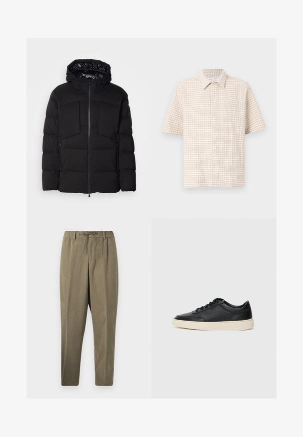 Crna puffer jakna od glatkog najlona, s prednjim patentnim zatvaračem, velikim džepovima na prsima i kapuljačom. Podstavljena za izolaciju i udobnost.; Kratki rukavi, svijetlosmeđa košulja s uzorkom mreže u nježnoj smeđoj boji, s gumbima sprijeda i klasičnom kragnom. Glatka tekstura tkanine.; Taupe kordura hlače s elastičnom strukom, petljama za remen i vezicom, ravnog kroja, na jednostavnoj bijeloj pozadini.; Crne niske kožne tenisice s crnim vezicama i kremasto bijelom potplatom prikazane u bočnom profilu na bijeloj pozadini.