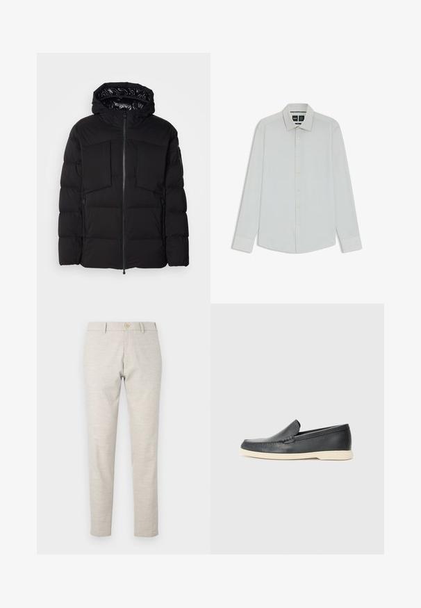 Black puffer jacket made of smooth nylon, featuring a front zipper, large chest pockets, and a hood. Padded for insulation and comfort.; White long-sleeve shirt with a classic collar, button front, and soft texture. Features subtle sheen and tailored fit.; Light beige trousers with a straight fit, made of lightweight fabric. Features a single button closure and simple stitching details.; Black leather slip-on loafers with a textured finish and a contrasting beige rubber sole. Features a subtle accent along the front.